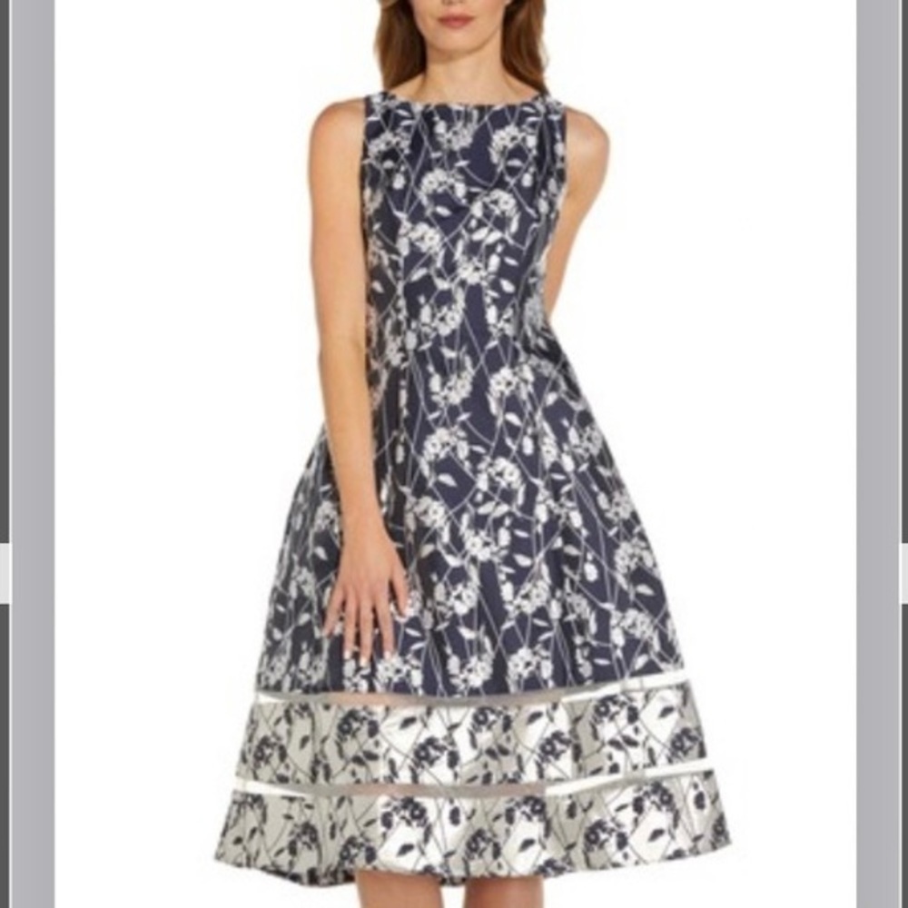 Adrianna Papell REVERSE Jacquard Midi Dress in Navy Blue / Silver - Picture 3 of 14